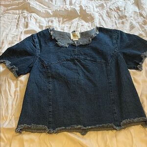 Dark Blue Denim Frayed-Edge Top